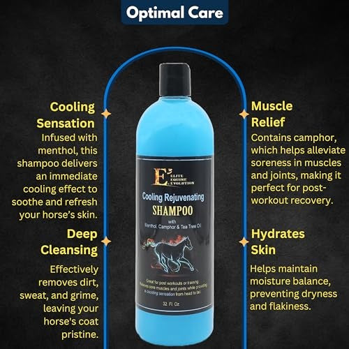 E3 Cooling & Rejuvenating Horse Shampoo - 32 Oz | Soothing Relief for Horses & Pets Luxurious Cleanse with Soothing Cooling Effect