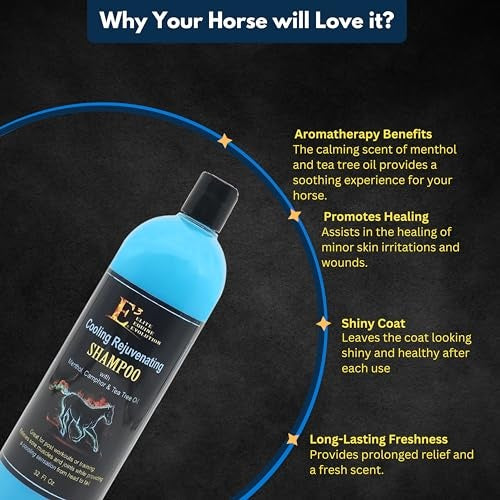 E3 Cooling & Rejuvenating Horse Shampoo - 32 Oz | Soothing Relief for Horses & Pets Luxurious Cleanse with Soothing Cooling Effect