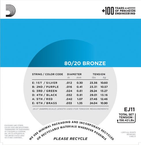 D Addario EJ11 80/20 Bronze Acoustic Guitar Strings  Light  12-53