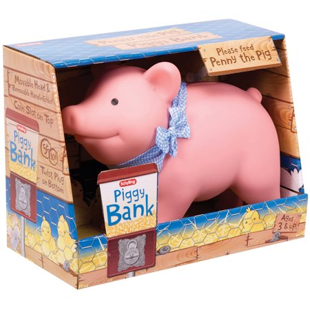 Schylling Rubber Piggy Bank Pink with Blue and White Scarf