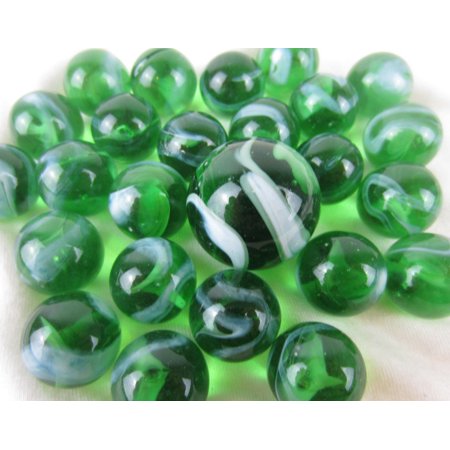 25 Glass Toy Marbles Enchanted Forest Translucent Green/White Swirl Game Pack (24 Player  1 Shooter) Decor/Vase Filler
